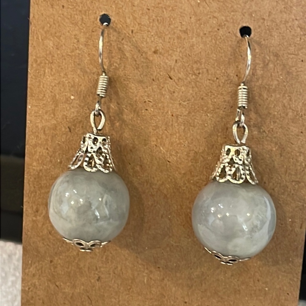 💐5/25 glass stone round natural beads silver tone